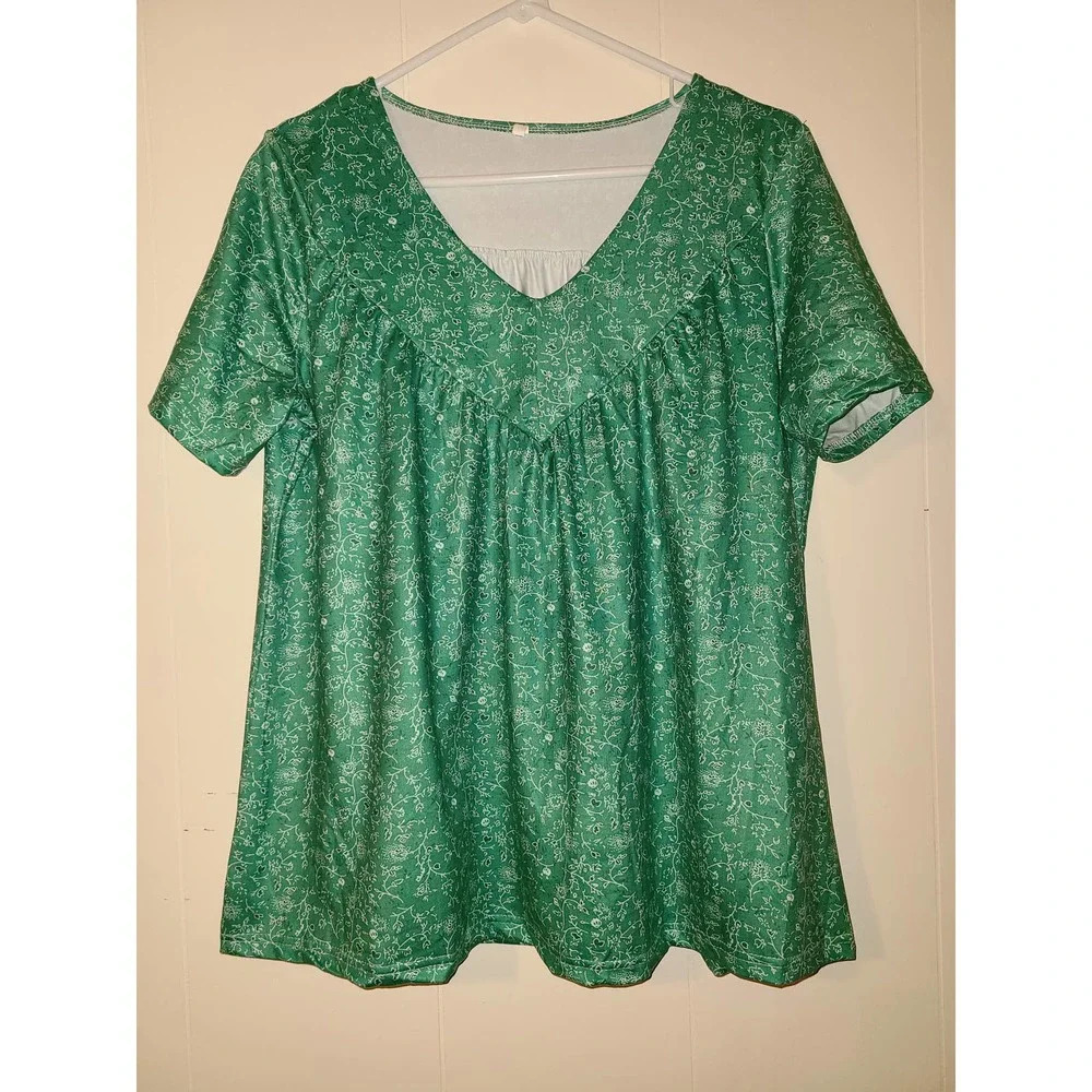 Womens Blouse Top Large Floral Short Sleeve V-Neck Pleated Front Stylish (FF)